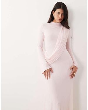 ASOS Mesh Draped High Neck Long Sleeve Maxi Dress - Pink