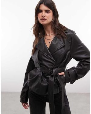 AllSaints Okena Cropped Leren Trenchcoat Met Riem - Zwart