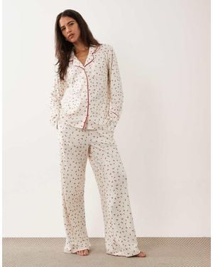 Brave Soul Button Down Shirt And Trousers Pyjamas - Natural