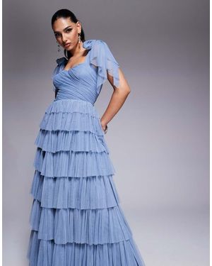 LACE & BEADS Bow Shoulder Tiered Tulle Maxi Dress - Blue