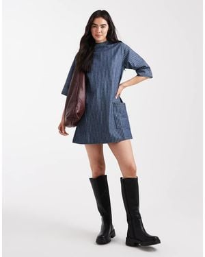 Native Youth Denim Striped Collared Dress - Blue
