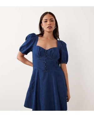 Nobody's Child Petite Tulla Denim Sweetheart Neckline Puff Sleeve Mini Dress - Blue