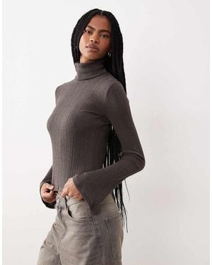 Mango Roll Neck Knitted Top With Flare Sleeves - Grey