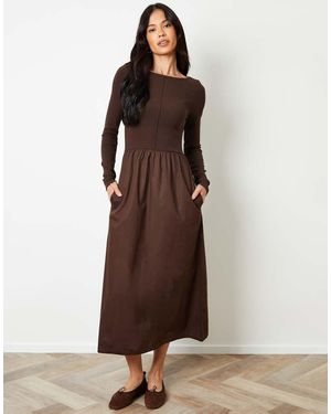 Threadbare 2-In-1 Jersey Poplin Mix Slash Neck Long Sleeve Dress - Brown