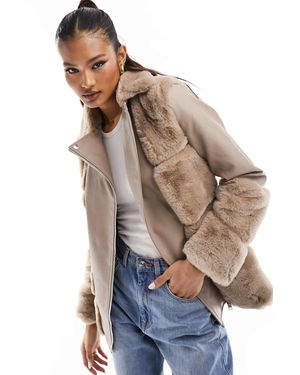 River Island Faux Fur Paneled Biker Jacket - White