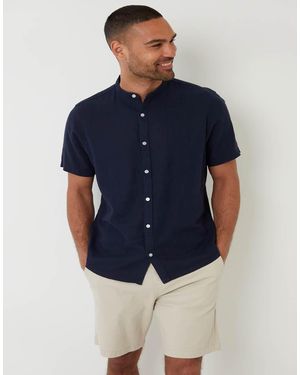 Threadbare Grandad Collar Linen Blend Short Sleeve Shirt - Blue