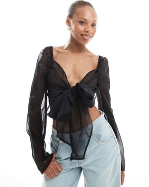 Object Sheer Organza Wrap Front Top - Black