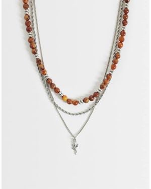 ASOS 3 Pack Faux Tiger's Eye Beaded Rose Pendant Necklace - White