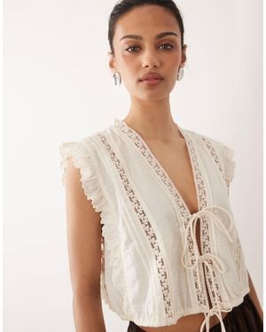 Mango Cotton Mix Tie Front Frill Detail Blouse - Natural