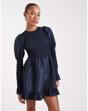 Daisy Street Shirred Volume Sleeve Mini Dress - Blue
