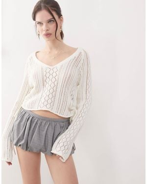 Noisy May Open Knit Ruched Side Top - Gray