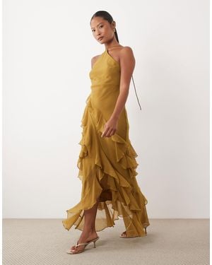 ASOS Petite Bias Cut Maxi Dress With Full Hem Cut Ruffles And High-low Hem - Natural
