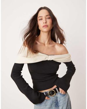 Pretty Lavish Twist Contrast Bardot Knit Top - Black