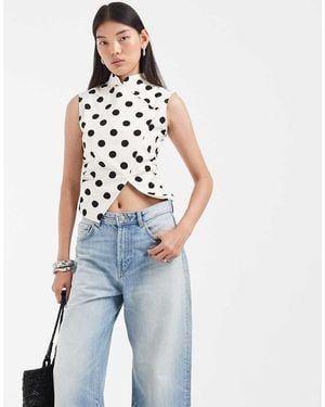 ASOS Camicia Senza Maniche Con Colletto Alla Coreana E Stampa A Pois Neri - Blu