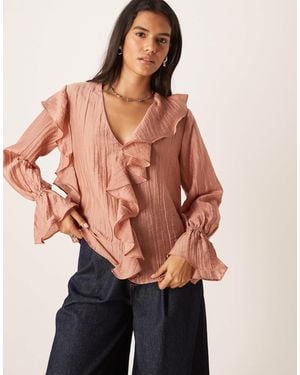Glamorous Boho Ruffle Sheer Blouse - Pink