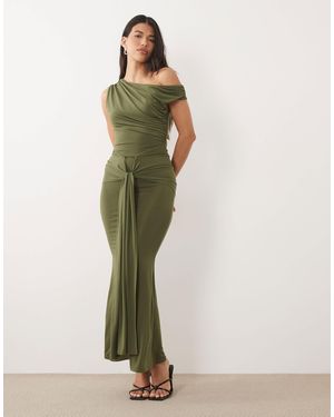 TFNC London Slinky Draped One Shoulder Maxi Dress - Green