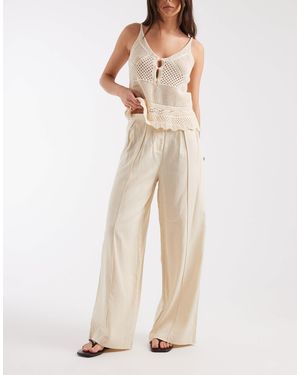 Pieces Linen Blend Wide Leg Pleat Front Pants - Natural