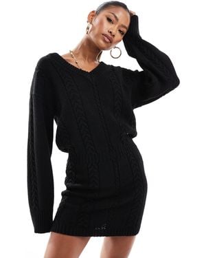 Aria Cove Cable Knit V Neck Mini Sweater Dress - Black