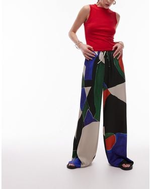TOPSHOP Satin Tie Waist Wide Leg Pants Geo Print - Orange