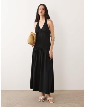 ASOS Ruched Halterneck Drop Waist Maxi Dress - Black