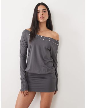Motel Studded Off Shoulder Mini Dress - Grey