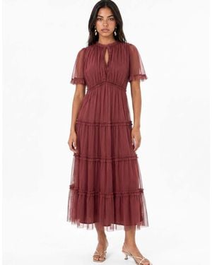 ANAYA Keyhole Detail Short Sleeve Frill Midaxi Dress - Red