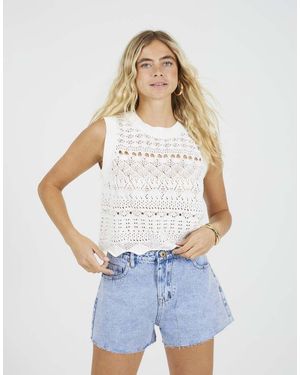 Brave Soul Crew Neck Pointelle Knit Tank - White