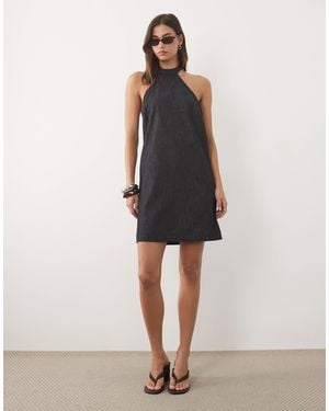 Mango Denim Halterneck Mini Dress - Natural