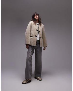 Mango Contrast Detail Collarless Shearling Jacket - Grey