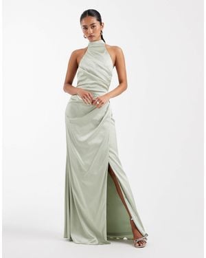 TFNC London Bridesmaid Satin Halter Neck Pleat Detail Maxi Dress - Green