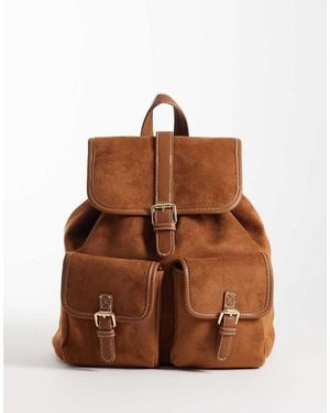 New Look Faux Suede Double Pocket Backpack - Brown