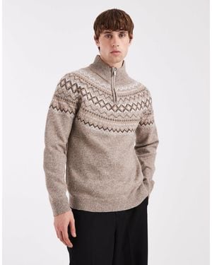 Threadbare Pull à col zippé et motif jacquard - taupe - Neutre