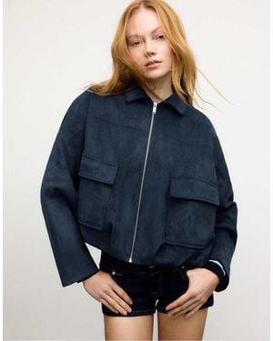 Stradivarius Faux Suede Bomber Jacket - Blue