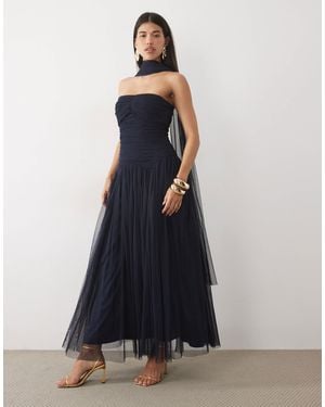 LACE & BEADS Tulle Bandeau Shaped Waistband Scarf Detail Maxi Dress - Blue