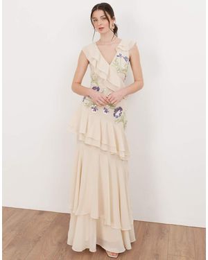 Maya Embellished Asymmetric Ruffle Maxi Dress - Natural