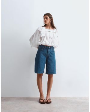 ARRANGE Square Neck Cutwork Blouson Top With Frill Detail - White