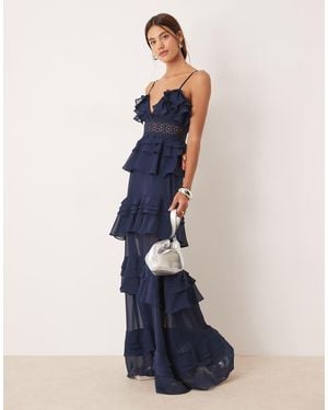 True Decadence Tiered Ruffle Maxi Dress With Spaghetti Strap - Blue