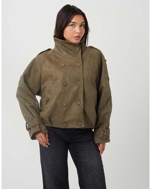 Brave Soul Faux Suede Double Breasted Jacket - Green