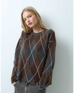 Vila Jersey De Punto Con Estampado Argyle De Conjunto En Marrón Y Gris