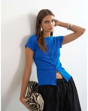 TOPSHOP Button Through Short Sleeve Top - Blue