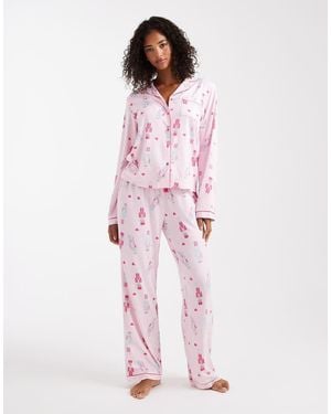 Loungeable Christmas Super Soft Jersey Revere Top And Wide Leg Pyjama Set - Pink