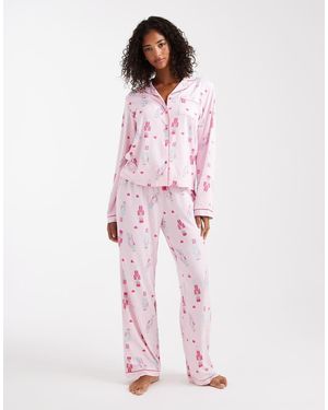 Loungeable Pijama Con Estampado De Cascanueces De Pantalones De Pernera Ancha Y Top Con Cuello De Solapas De Tejido Muy Suave De Navidad De - Rosa