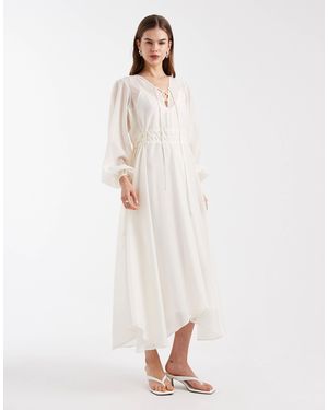 4th & Reckless Chiffon Tie Front Balloon Sleeve Asymmetric Floaty Hem Midaxi Dress - White