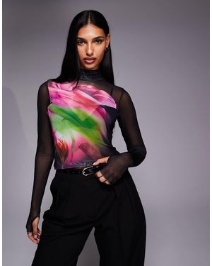 AFRM Top Rosa De Manga Larga Con Estampado De Peonía Difuminado Y Cuello Alto De Malla Zadie De -Negro
