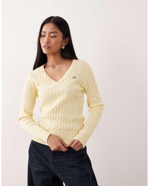 GANT V-neck Cable Knit Jumper - Natural