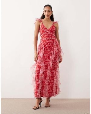 LACE & BEADS Tulle Ruffled Midaxi Dress - Red
