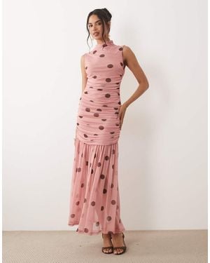 ASOS Jurk Met Hoge Ronde Hals, Gerimpelde Verlaagde Taille, Wijde Rok En Stippenprint - Roze