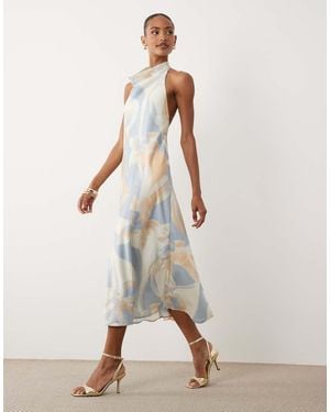 Y.A.S Vestido Midi Sin Mangas Con Cuello Subido Desbocado Y Estampado Floral Abstracto Estilo Acuarela De Satén - Neutro