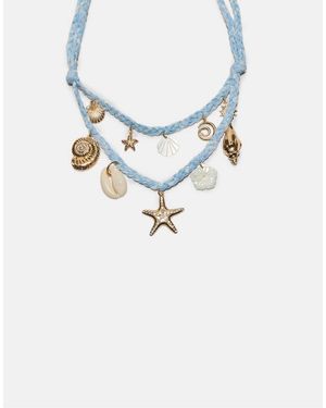 Stradivarius Set Of 2 Woven Necklaces With Sea Charms - Blue