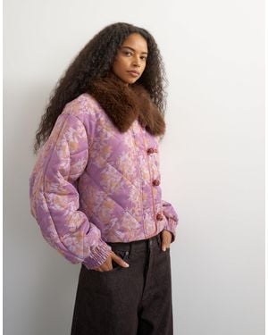 TOPSHOP Printed Fur Collar Jacket - Pink